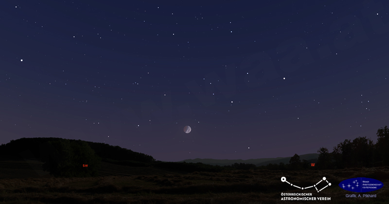 Himmelsanblick am 28. August 2026 um 05.15 Uhr MESZ. Grafik erstellt mit Stellarium. Der Mond ist 3x vergrößert dargestellt.