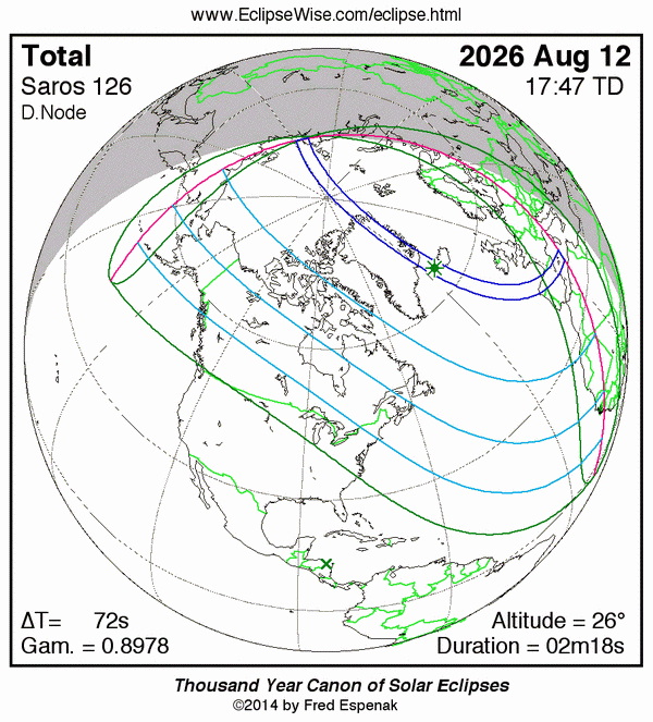 Der globale Verlauf der Sonnenfinsternis vom 12. August 2026