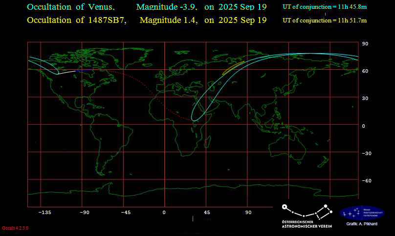 Sichtbarkeitsgebiete der Bedeckungen von Venus und Regulus am 19.9.2025