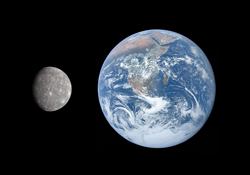 Größenvergleich Merkur - Erde. Credit NASA/JPL.