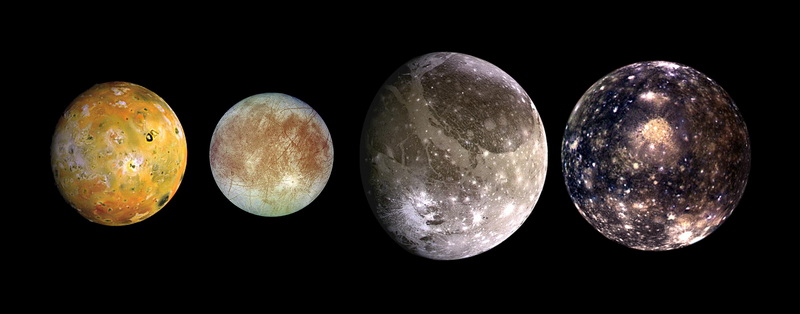 Die Galileischen Jupitermonde im Größenvergleich (Bildmontage, Raumsonde Galileo). Credit: NASA/JPL.