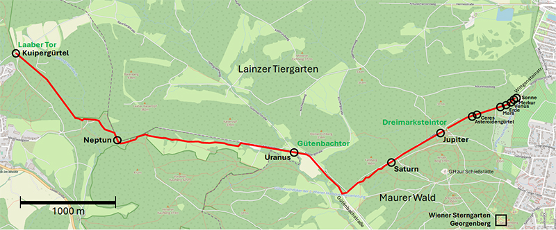 Überblickskarte des Planetenwanderwegs. Grundkarte Credit OpenStreetMap.org, Gesamtkarte Credit Alexander Pikhard.