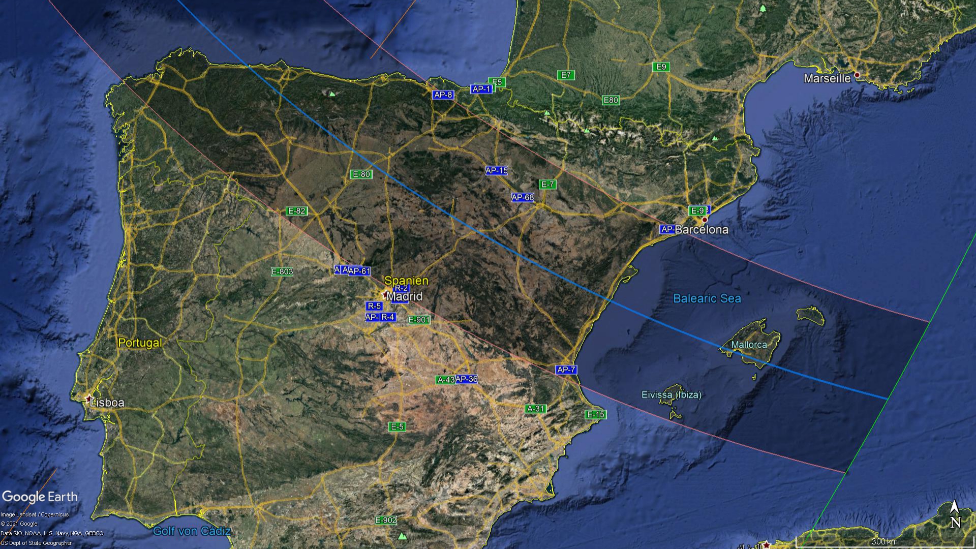 Verlauf der Totalität der Finsternis vom 12. August 2026 über Spanien